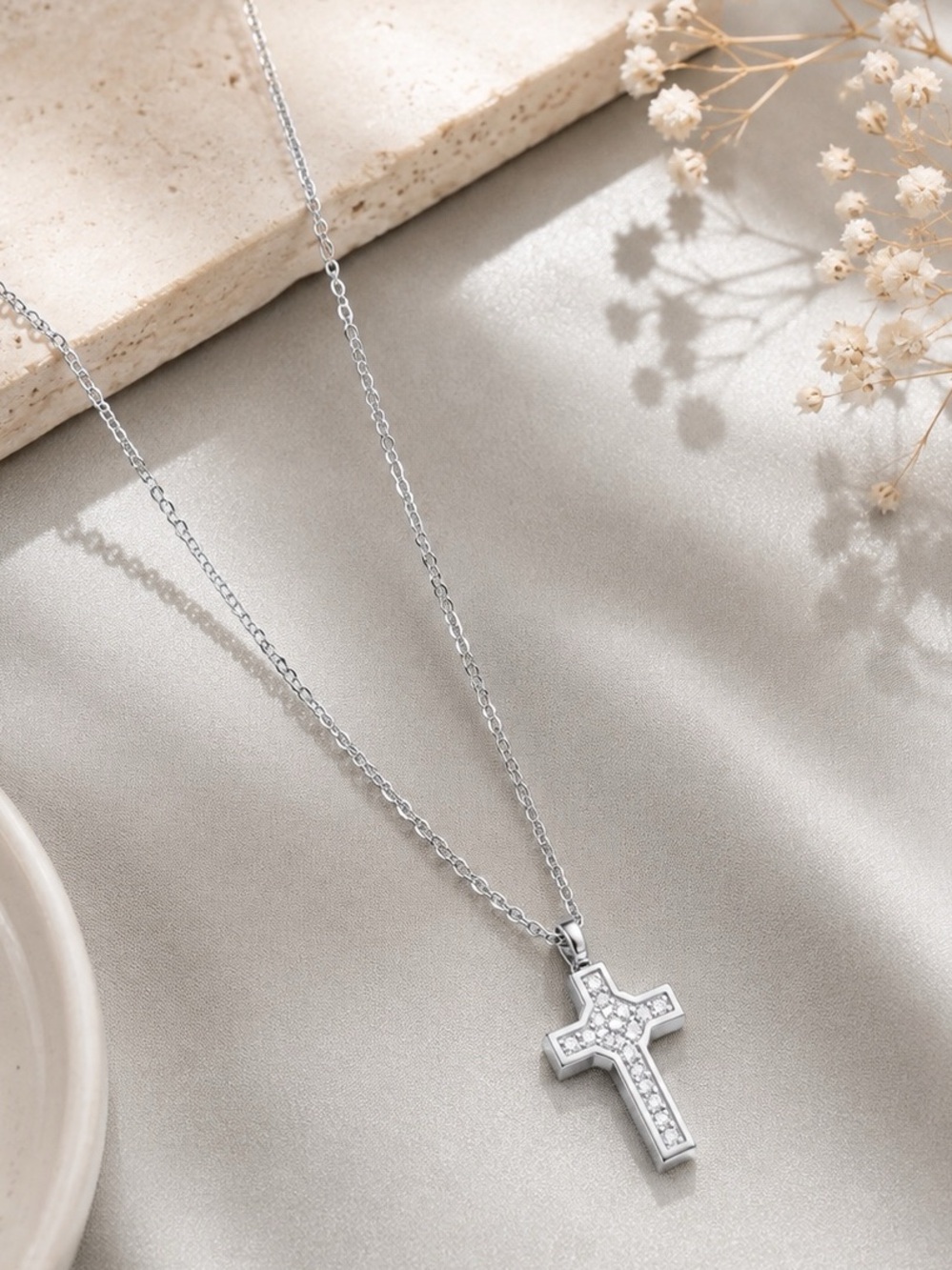 Small Silver Cross Necklace, Dainty Zircon Cross Pendant, Stainless necklace